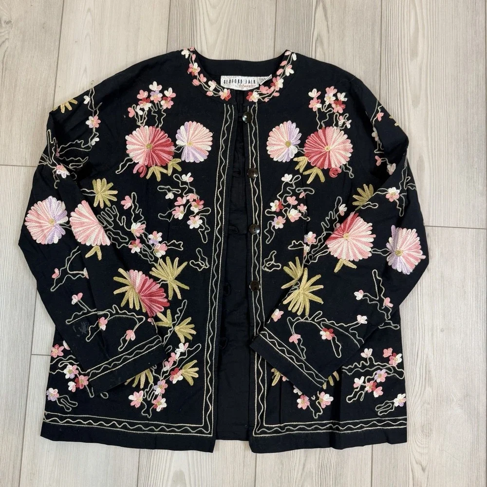 Vtg BEDFORD FAIR lifestyle Women's Large All Over Embroidered Floral Jacket Boho